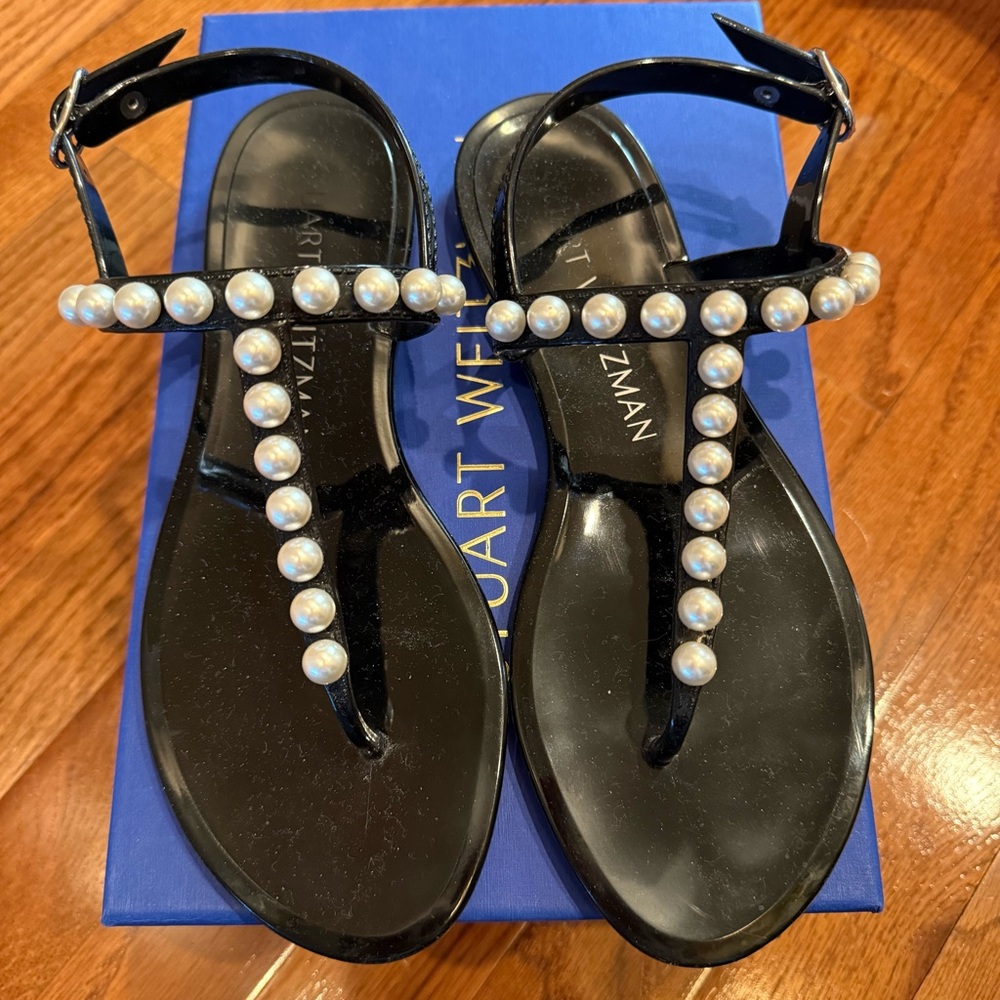Stuart Weitzman Black Sandals with Pearl Accents